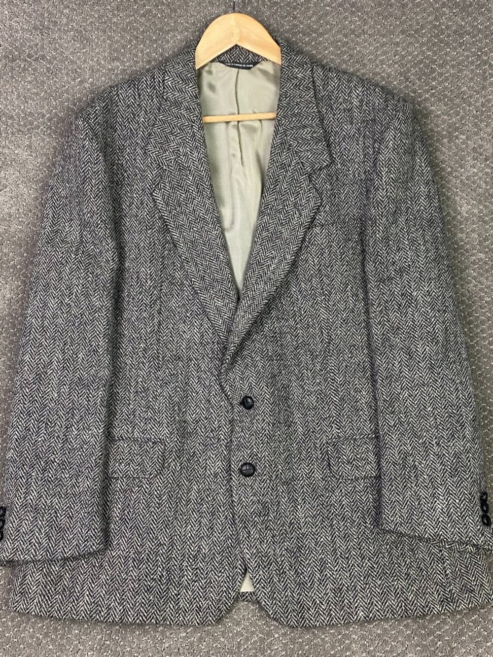 Harris Tweed Herringbone Tweed Blazer Sport Coat Mens 46S Gray Preppy Wool Vtg